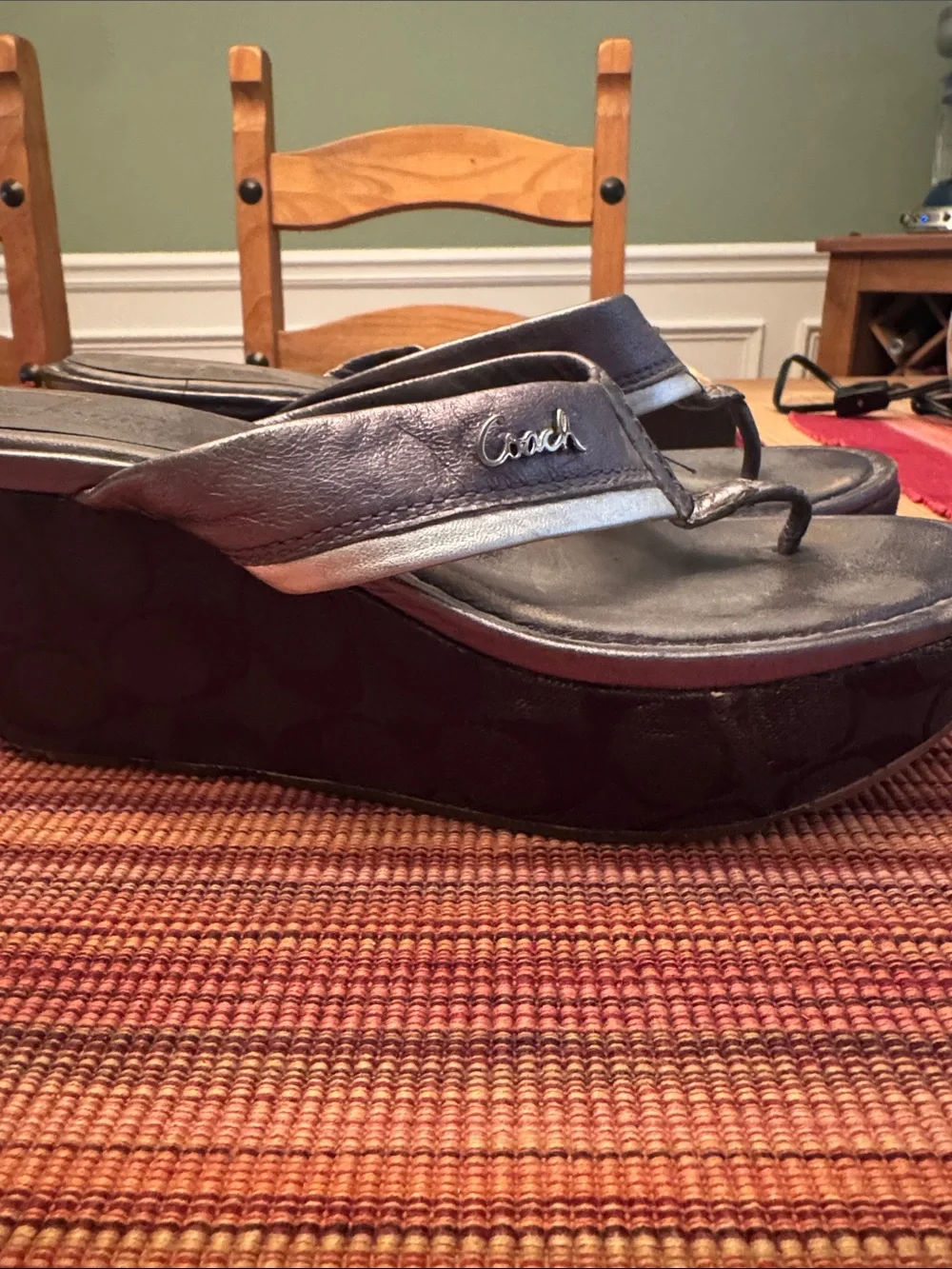 Coach Black and Silver Wedge Flip Sandals